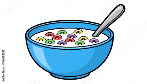 Colorful cereal loops with milk and a spoon in a blue bowl, a quick and delightful breakfast or snack