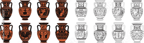 Ancient Greek amphora vase collection, classical pottery ceramics illustration set vintage ornamental jars historical art design isolated decorative icons