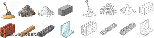 Construction materials illustration set featuring sand, gravel, cement, bricks, wood, steel rebar, glass and concrete blocks isolated on white background