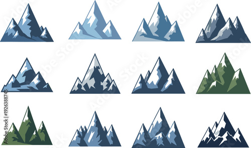 Mountain peaks collection, snowy alpine landscape icons nature wilderness rock summit illustration set outdoor adventure travel environment design elements