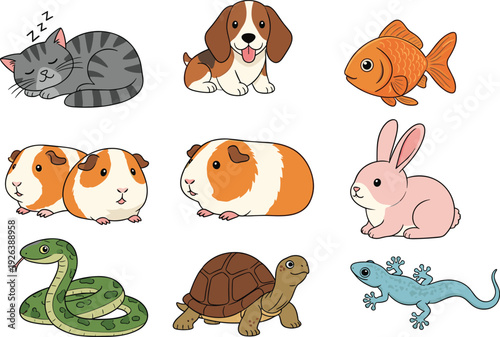 Cute pet animals collection, cartoon domestic wildlife characters cat dog fish rabbit turtle snake lizard guinea pig illustration set