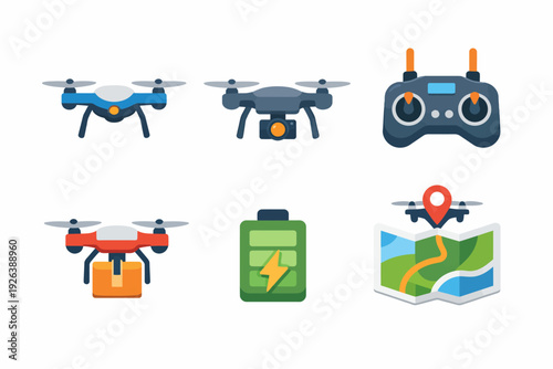 Drone equipment icons: quadcopters, remote, battery, map for aerial navigation