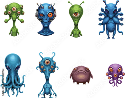 Cartoon alien characters collection, cute sci fi monsters fantasy extraterrestrial creatures colorful mascot set isolated illustration for games design stickers