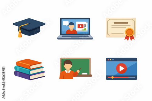 Online learning illustrations featuring graduation cap, laptop, certificate, books, teacher, video