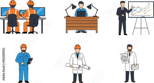 Professional workers collection engineers office staff construction business people illustration isolated on light background industry occupation teamwork corporate technical design
