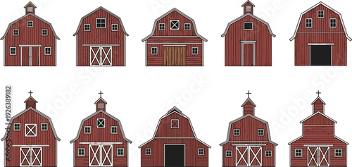 Red wooden barn illustration set, rural farm buildings collection with vintage agricultural storage architecture isolated vector countryside structure icons