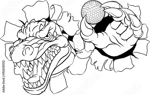 A crocodile, dinosaur or alligator lizard sports mascot holding a golf ball