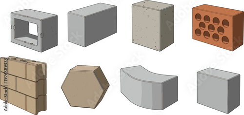 Concrete brick block illustration set, construction building materials collection, masonry architecture elements, industrial cement supplies, structural design components, engineering concept