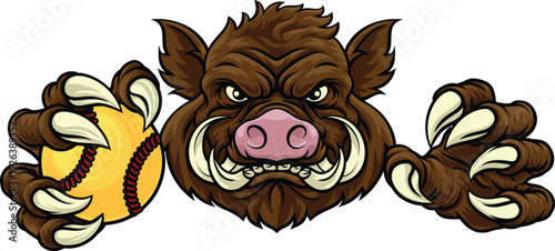 Bilde på lerret A wild boar, hog razorback warthog pig mean tough cartoon sports mascot holding
