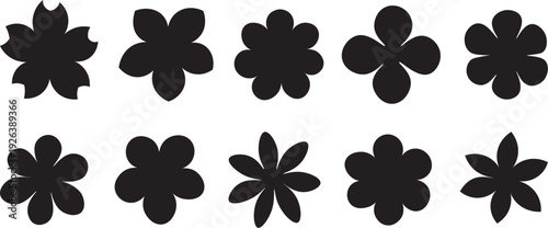 Black flower silhouette vector collection, simple flat blossom shapes with rounded and pointed petals, minimal floral clipart set