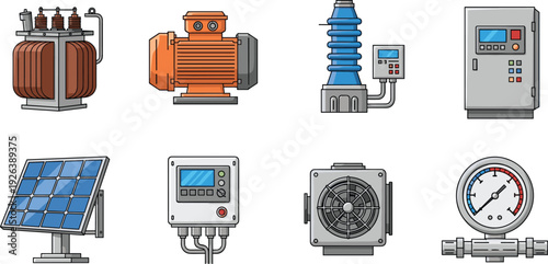 Industrial electrical equipment illustration set, power engineering devices collection, transformer motor control panel solar energy system, technology industry icons