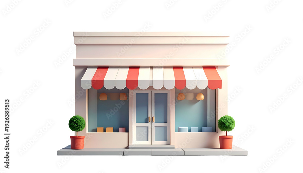 Obraz premium A charming, modern shop with a striped awning and plants