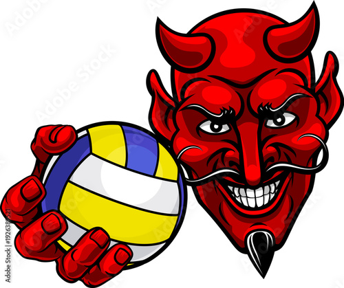 A devil man holding volleyball ball and pointing sports team mascot illustration.