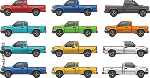 Pickup truck illustration set, colorful utility vehicle collection, cargo transport transport design, modern automotive transport concept, commercial delivery vehicle icons