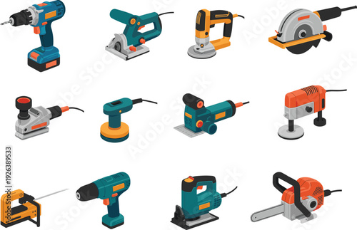 Power tools illustration set, electric construction equipment collection, workshop repair instruments, professional carpentry devices, industrial hardware toolkit, modern engineering tools