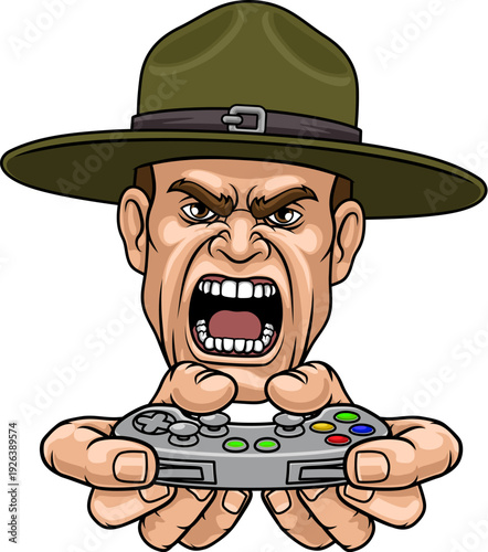 An angry drill instructor or sergeant bootcamp army soldier gamer cartoon character holding controller sports team mascot illustration.