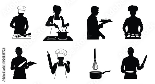 Black silhouettes of chefs and cooks engaging in kitchen activities