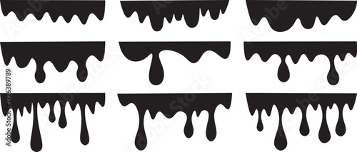 Black paint drips set, liquid dripping borders collection