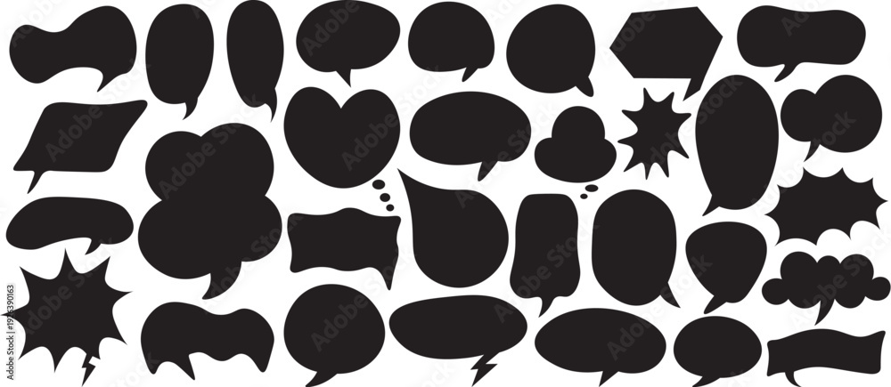 Fototapeta premium Black speech bubble silhouettes collection flat vector illustration set isolated