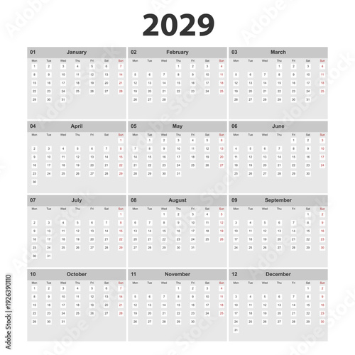 Minimal modern 2029 calendar template with clean grid layout. Monthly planner set starting on Monday.