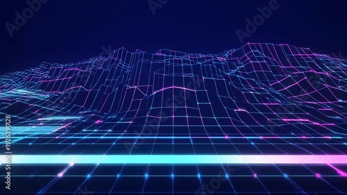 Retro 80s Cyber Landscape with Neon Purple and Blue Grid Mountains, 4K video