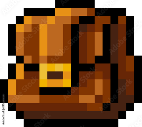 Pixel art leather satchel bag back pack icon in retro 8 bit style. RPG game inventory bag with buckle strap detail. Video game asset isolated for UI, fantasy adventure, loot system mobile game design