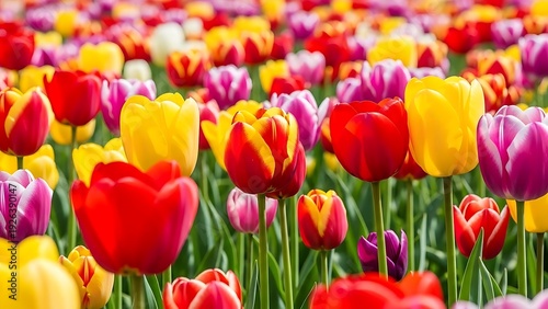 Vibrant multicolored tulips in a lush green garden on a sunny day