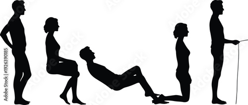 Silhouette sequence of man and woman forming human bench pose concept illustrating trust balance strength support and teamwork against white background minimalist studio design