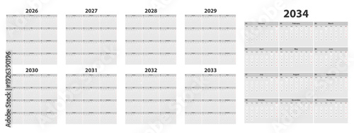 Modern calendar template collection for 2026–2034 years. Clean minimal layout with week starting Monday.