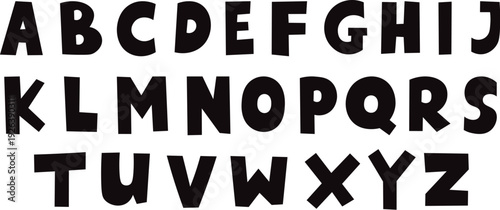 Bold black cartoon alphabet letters vector set, hand drawn uppercase font collection, playful comic style ABC typography design