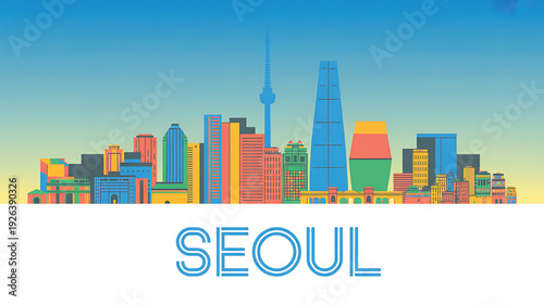 Vibrant Seoul cityscape with modern skyscrapers and colorful buildings