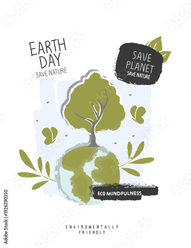 Vector hand drawn cartoon sketch of planet and green tree. Illustratoin of Environmentally friendly planet. Earth Day Concept.