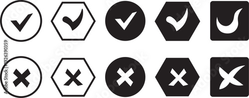 Check mark and cross vector icon set collection, approval and cancel symbols in circle hexagon square shapes