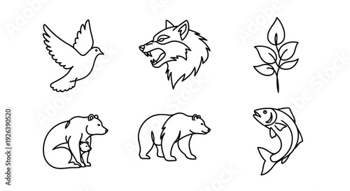 Set of Minimalist Vector Icons: Animals, Plant Branch, and Nature Elements