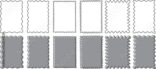 Decorative wavy and zigzag rectangle frame set vector collection, scalloped edge labels and badges outline and gray fill variations