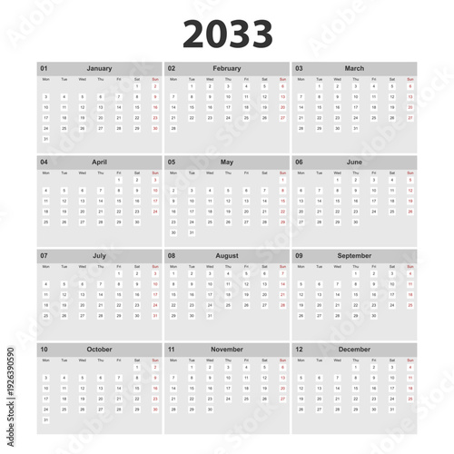 Minimal modern 2033 calendar template with clean grid layout. Monthly planner set starting on Monday.