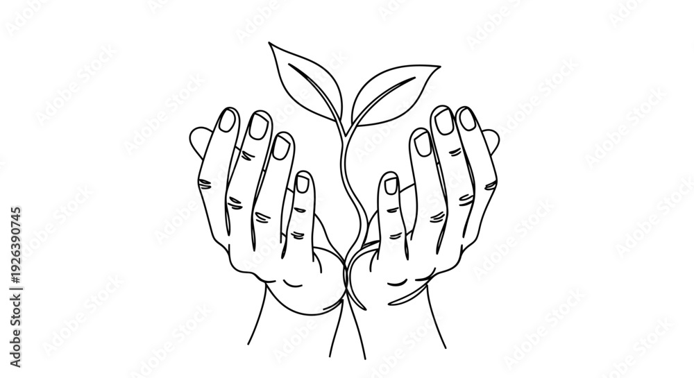 Fototapeta premium Minimalist Art of Caring Hands Gently Holding a Sprouting Plant Seedling Symbolizing Growth