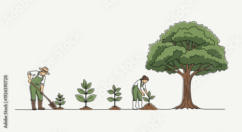 Illustration of Farmers Planting and Growing Trees, Symbolizing Growth and Sustainability