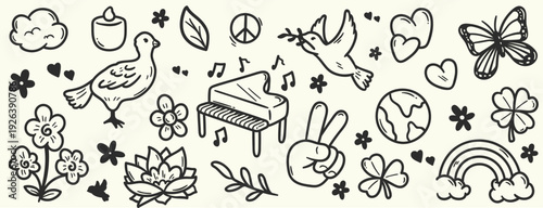 Hand drawn peace and love doodle set with dove, piano, flowers, butterfly, rainbow, hearts, and nature elements. Black and white sketch illustration for stickers, posters, social media, and positive l
