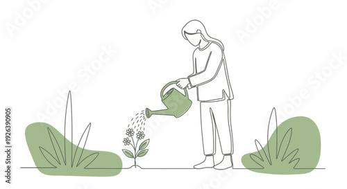 Minimalist Art of a Person Watering a Small Plant with Flowers, Gardening Concept