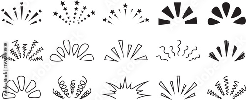 Hand drawn burst elements set in black outline, doodle explosion and decorative accent collection