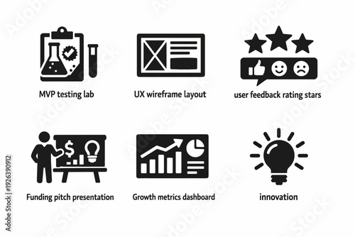 Icons representing ux design, testing lab, feedback, and innovation concepts