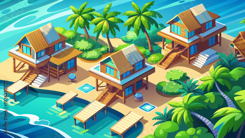 Very beautiful top-down view of tropical beach villas with wooden steps leading directly into crystal clear blue water.
