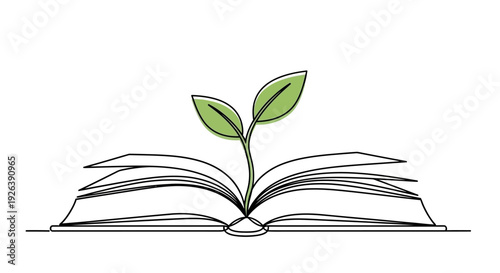 Open Book with Green Sprout Growing From Pages, Symbolizing Knowledge and Growth