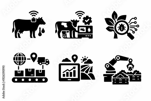 Smart agriculture icons representing livestock monitoring and technology integration