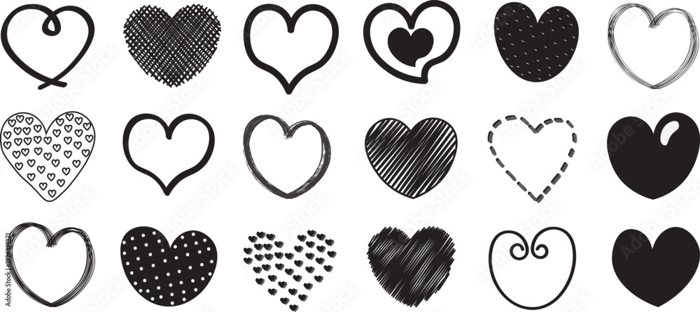 Fototapeta premium Hand drawn heart shapes set in black outline and solid styles