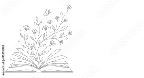 Whimsical Open Book with Flowers and Butterfly Art Illustration