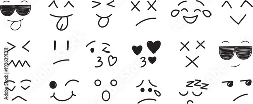 Hand drawn emoji expression black outline set vector collection, doodle style facial elements with eyes mouth hearts and tears