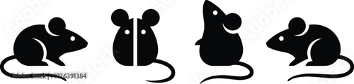 Mouse Silhouette Collection Set, Cute Rodent Icons in Different Poses, Black Minimal Vector Illustration Isolated on Light Background for Design and Clipart Use