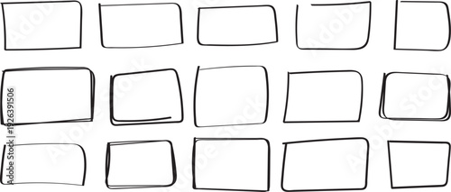 Hand drawn rectangle frames vector set, black doodle square borders collection, sketch style label boxes, irregular rounded corner frames
